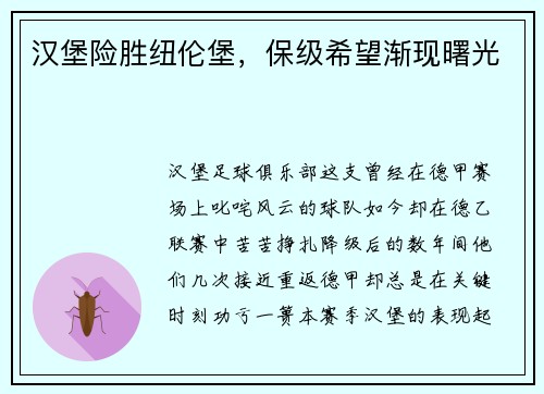 汉堡险胜纽伦堡，保级希望渐现曙光